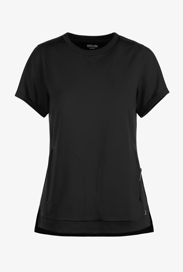 Wink Renew Knit Women's 2-Pocket STRETCH Rib-Knit Crew Neck Scrub Top - Black - 1