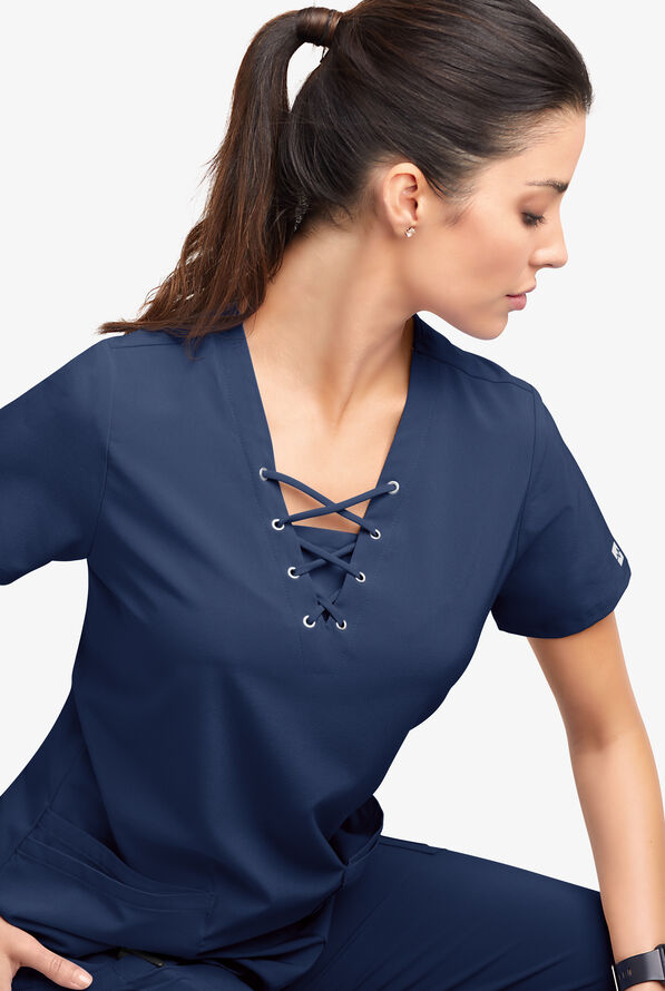 Blusa m&eacute;dica Easy STRETCH Gisele con cordones en el cuello en V y 4 bolsillos para mujer - Navy - 5