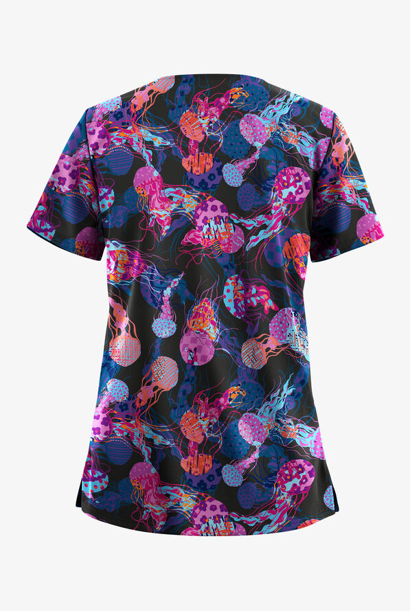Easy STRETCH Jellyfish Night Onyx Black Women's 2-Pocket V-Neck Print Scrub Top - null - 2