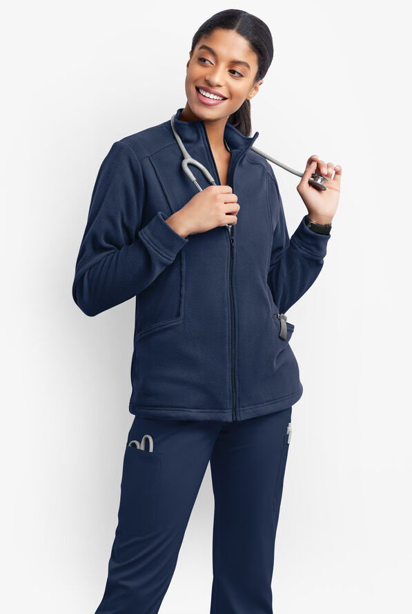 Butter-Soft STRETCH Women's 2-Pocket Zip Front Fleece Scrub Jacket - Navy - 2