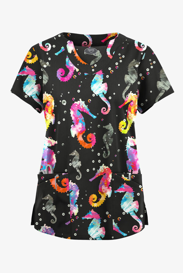 Happy Scrubs Relaxing Day Women's 6-Pocket Scallop Neck Print Scrub Top - null - 1