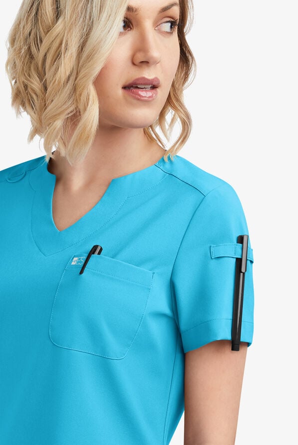 Easy STRETCH Nikki Women's 1-Pocket Scallop Neck Tuck-In Scrub Top - Turquoise - 3