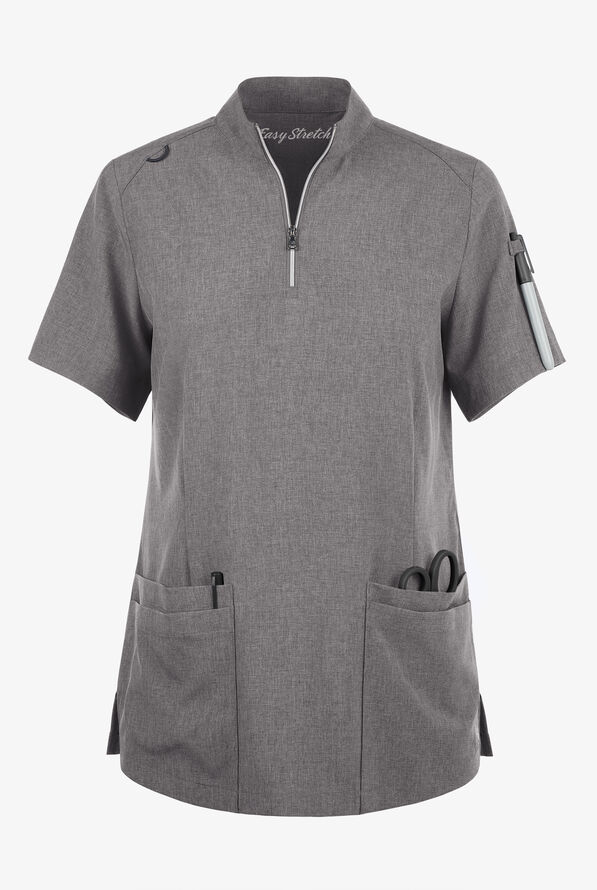 Easy STRETCH Jen Women's 4-Pocket Zip-Neck Short Sleeve Scrub Top - Graphite Heather - 1