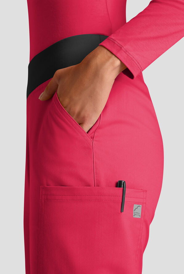 Butter-Soft STRETCH Women's 4-Pocket Knit Waistband Yoga Scrub Pants - Tall - Ruby/Black - 4