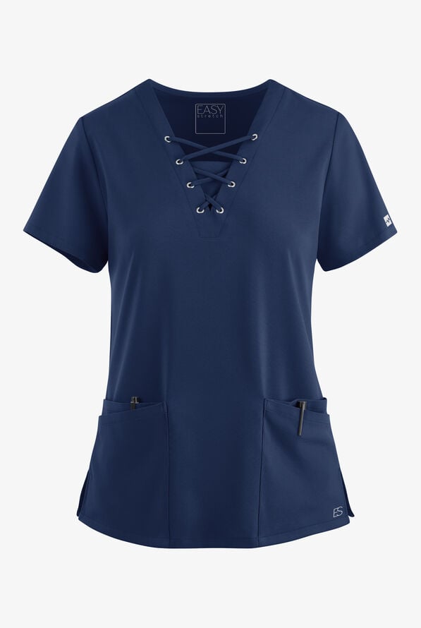 Easy STRETCH Gisele Women's 4-Pocket Lace Up V-Neck Scrub Top - Navy - 1