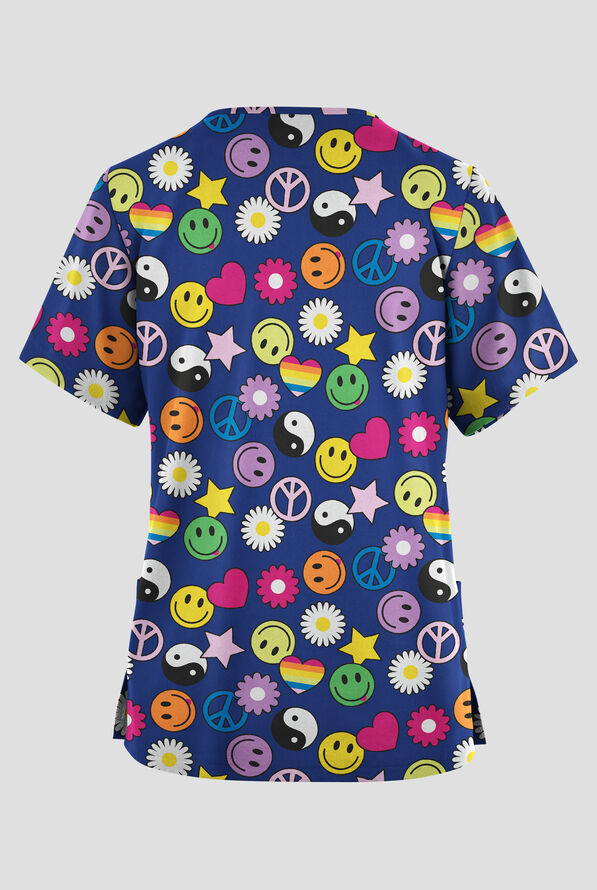 Blusa médica estampada Butter-soft Originals Peace Love Happiness Royal con cuello en V y 2 bolsillos para mujer - null - 2