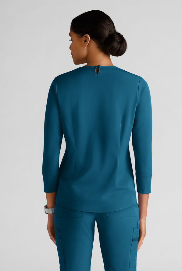WhisperLite LYRA Women's 2-Pocket STRETCH 3/4" Sleeve Scrub Top - Caribbean Blue - 2