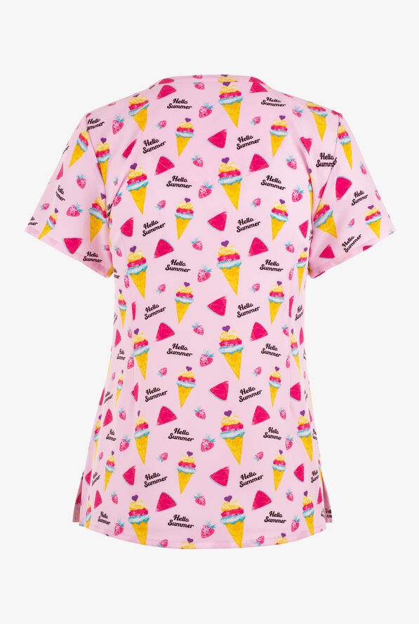 Maevn Hello Summer Ice Cream and Treats Women's 3-Pocket STRETCH V-Neck Print Scrub Top - null - 2