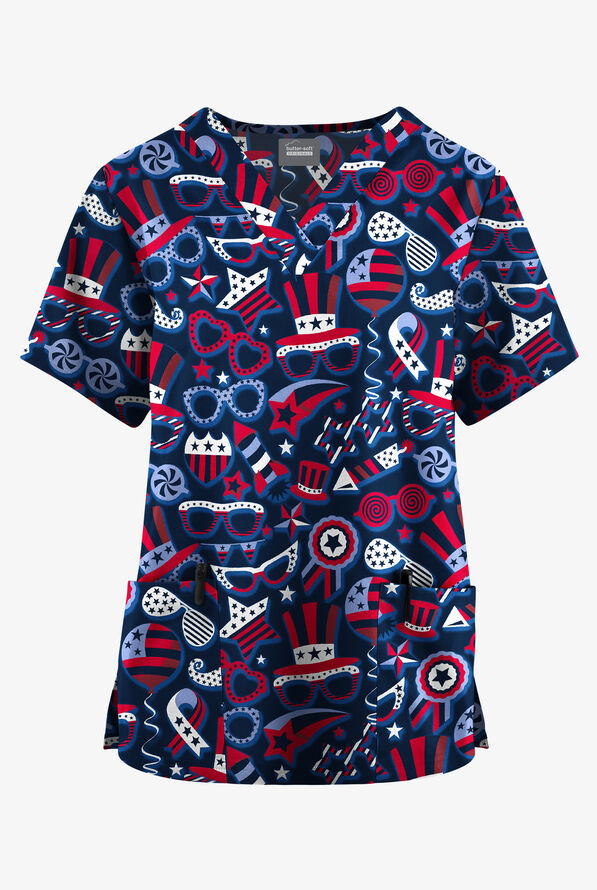 Blusa médica estampada Butter-Soft Originals Stars and Stripes Navy de corte clásico con cuello en V y 2 bolsillos para mujer - null - 1