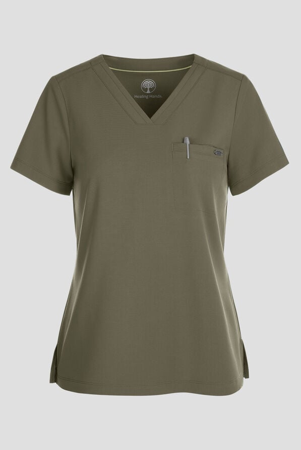 Healing Hands Quest Women's 1-Pocket STRETCH Tuck In V-Neck Scrub Top - Olive - 1