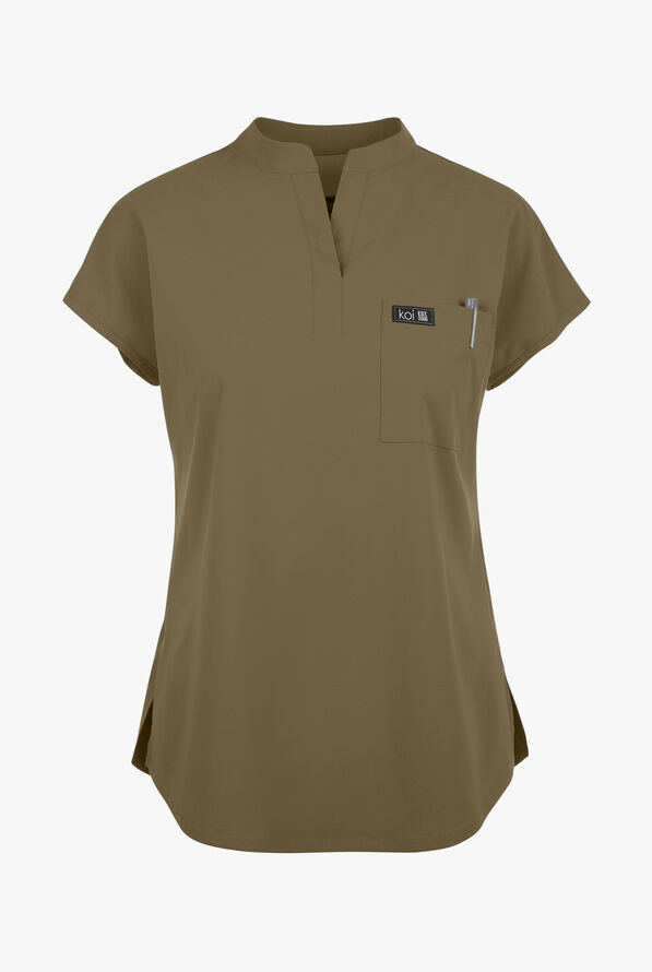 koi Basics Ari Women's 1-Pocket STRETCH Dolman Sleeve Mandarin Collar Scrub Top - Olive - 1