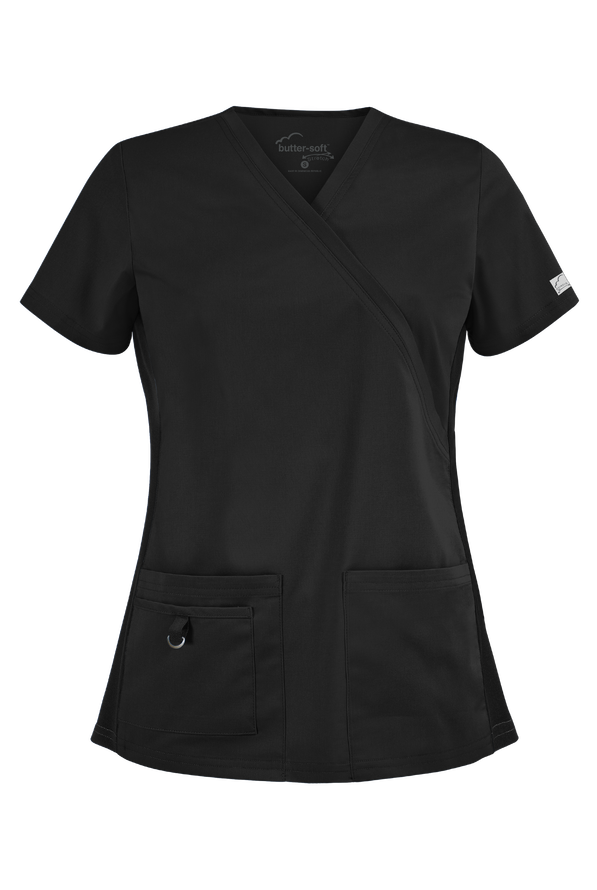 Blusa médica UA Butter-Soft STRETCH con cuello en V y paneles laterales de punto tejido para mujer - Black - 1