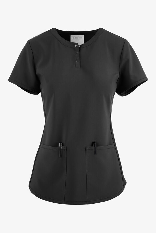 Cherokee Collection Women's 3-Pocket STRETCH Rib-Knit Side Snap Henley Scrub Top - Black - 1