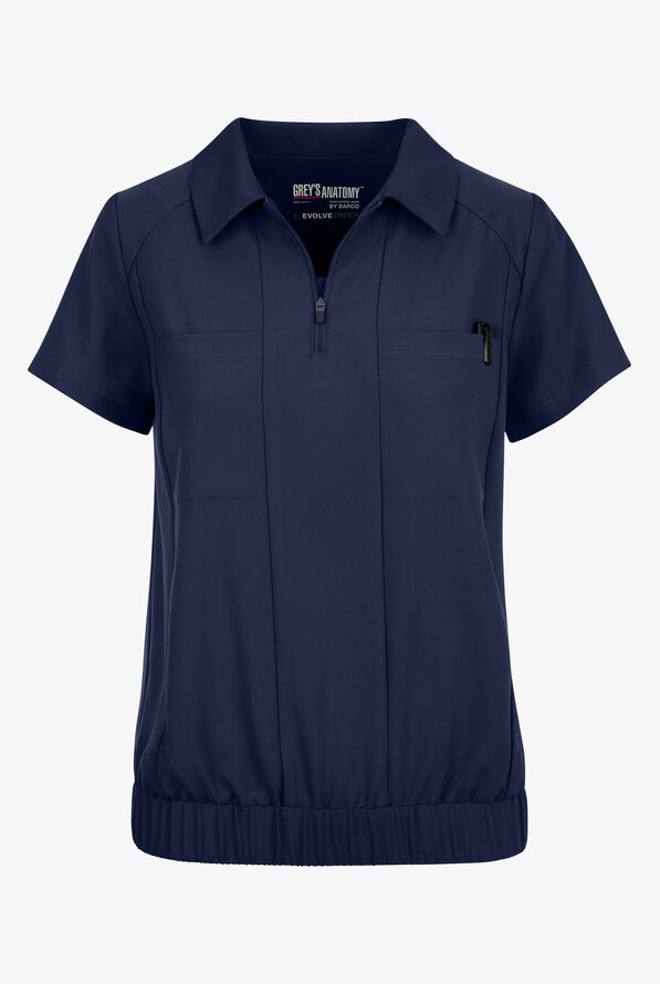 Grey's Anatomy by Barco Evolve STRETCH Perseverance Women's 2-Pocket Banded Waist Collar Scrub Top - Indigo - 1