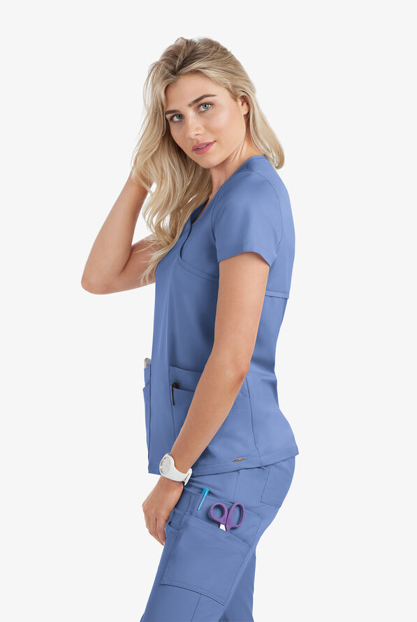 Lauderdale by UA Solar Women's 4-Pocket V-Neck Mock Wrap STRETCH Scrub Top - Ceil Blue - 5