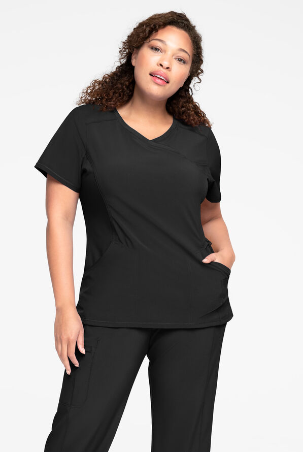 Infinity Women's 4-Pocket STRETCH Mock Wrap Scrub Top - Black - 2