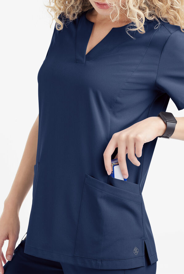 Easy STRETCH Chrisette Women's 4-Pocket with Feminine Neck Detail Scrub Top - Navy - 3
