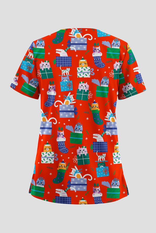 Butter-soft STRETCH Merry Cat-mas Royal Women's 2-Pocket V-Neck Print Scrub Top - null - 2
