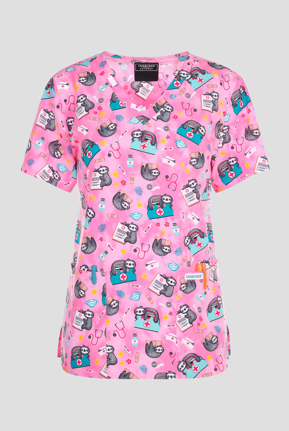 Cherokee Nurse Sloth Women's 2-Pocket STRETCH V-Neck Print Scrub Top - null - 1