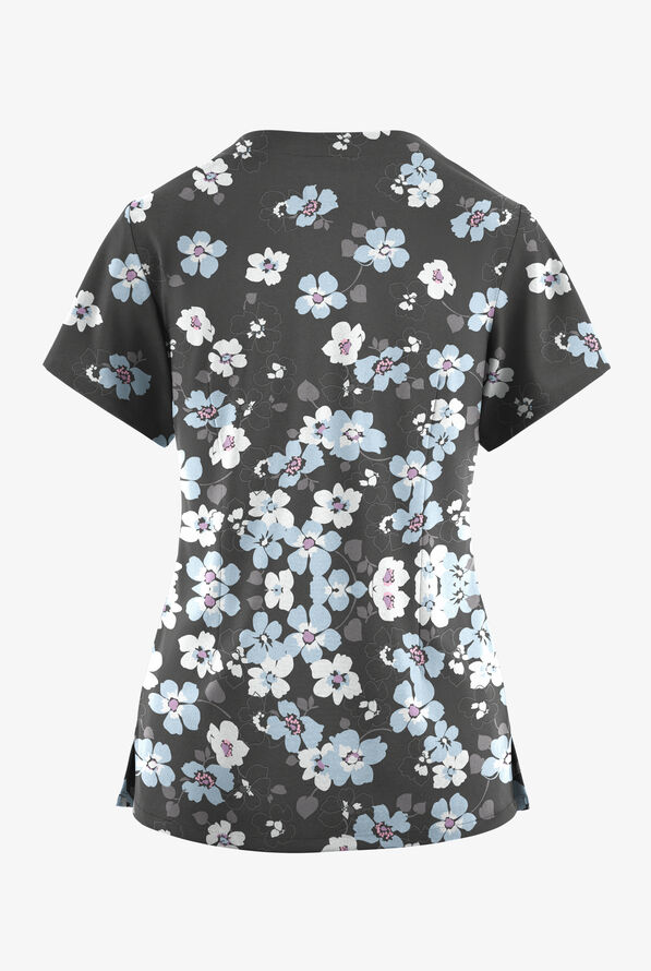 Butter-Soft Originals Boho Floral Pewter Women's 2-Pocket Scallop Neck Print Scrub Top - null - 2