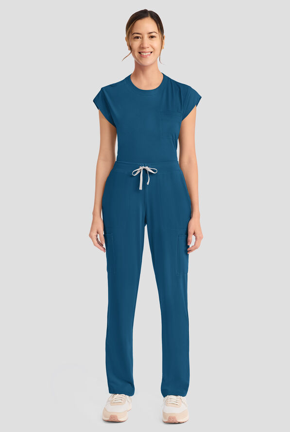 Cherokee Achieve Women's 5-Pocket STRETCH Elastic Waist Drawstring Cargo Scrub Pants - Caribbean Blue - 5