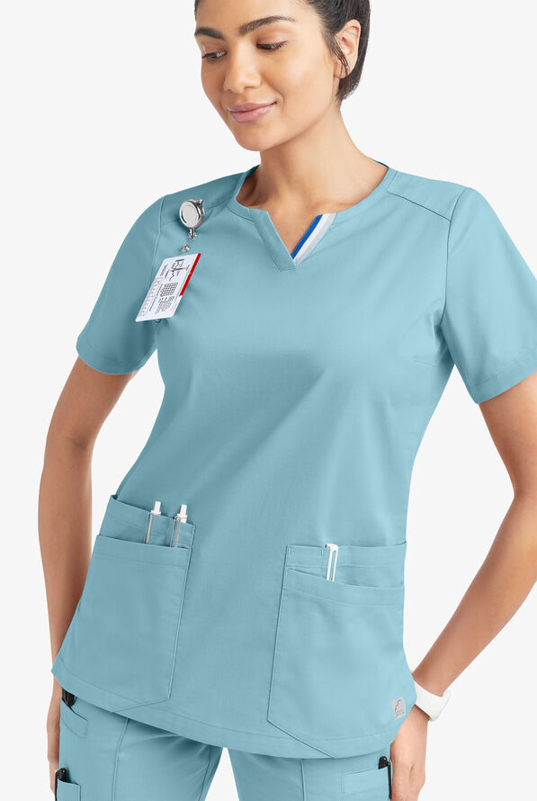 Butter-Soft STRETCH Women's 6-Pocket Short Sleeve Notch Placket with Sport Trim Detail Scrub Top - Dew Drop - 2