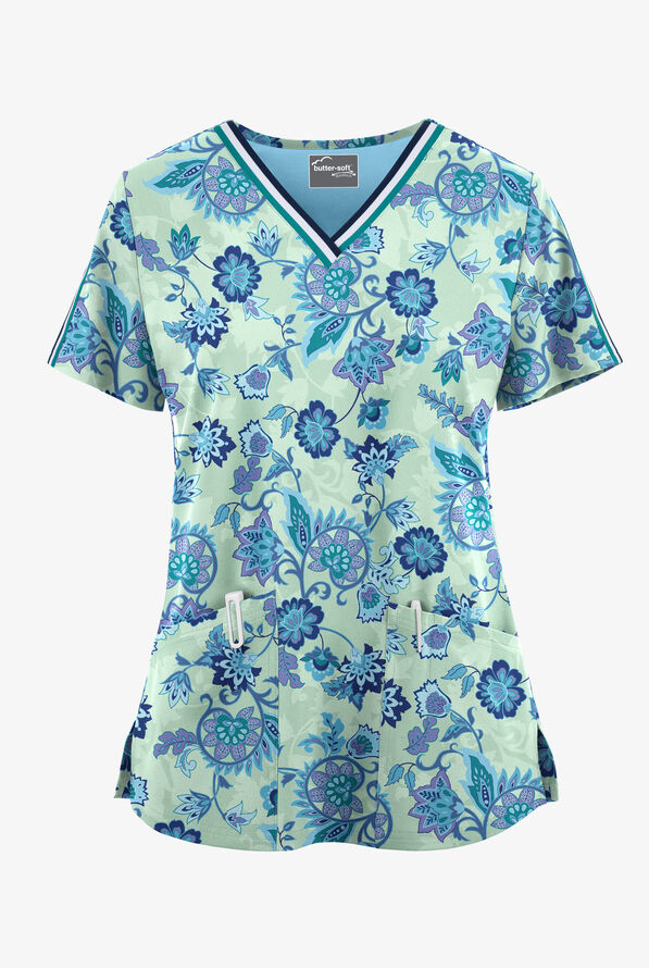 Blusa médica estampada UA Butter-Soft STRETCH Jacobean Spring Eucalyptus Leaf con cuello en V con ribete y 3 bolsillos para mujer - null - 1