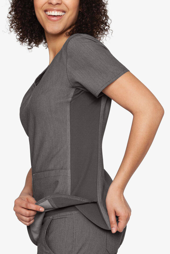 Med Couture Touch Women's 3-Pocket STRETCH Rib-Knit Side Panels Shirttail V-Neck Scrub Top - Slate Heather - 4