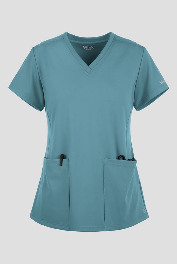 Wink Renew Knit Women's 2-Pocket STRETCH Flex N Reach Panel V-Neck Scrub Top - Vintage Teal - 1