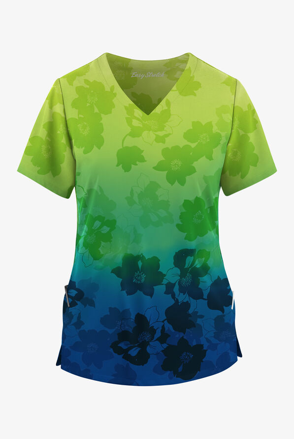 Easy STRETCH Floral Ombre Navy Women's 2-Pocket V-Neck Print Scrub Top - null - 1