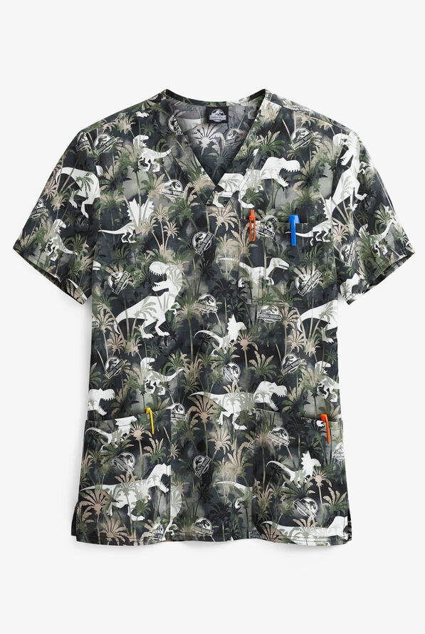 Cherokee Tooniforms Jurassic World Jurassic Dino Stomp Men's 3-Pocket V-Neck Print Scrub Top - null - 1