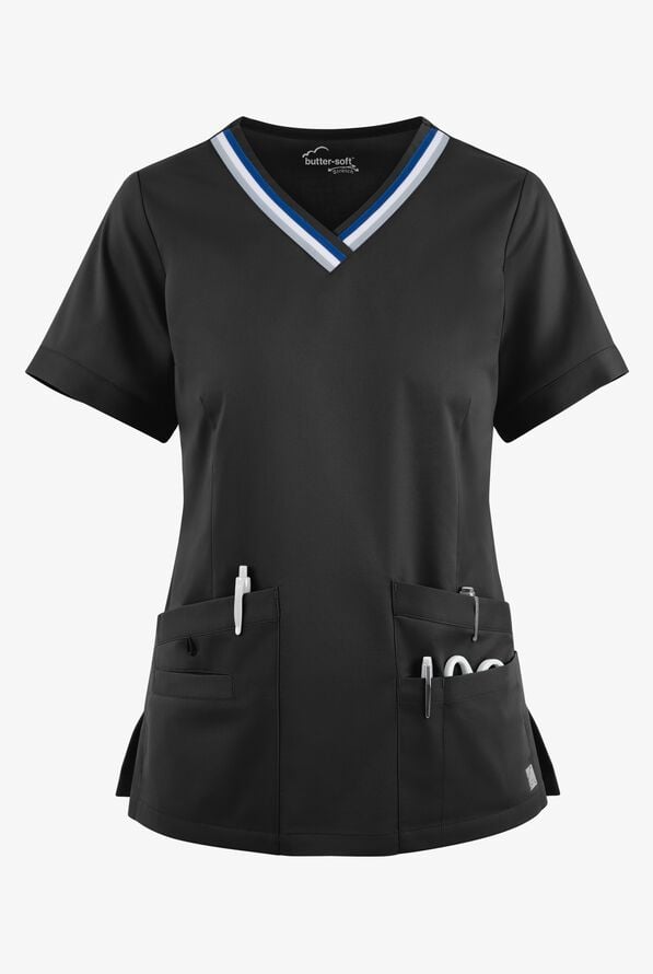 Blusa m&eacute;dica UA Butter-Soft STRETCH con cuello en V con ribete deportivo y 5 bolsillos para mujer - Black - 1