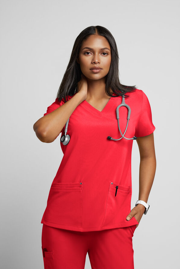 Easy STRETCH Lina Mitered Women's 4-Pocket V-Neck Scrub Top - Atomic Red - 2