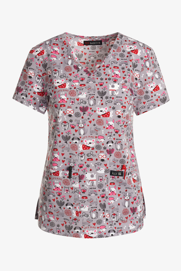 Blusa médica estampada koi Basics Meowed Mix STRETCH con cuello en V y 2 bolsillos para mujer - null - 1