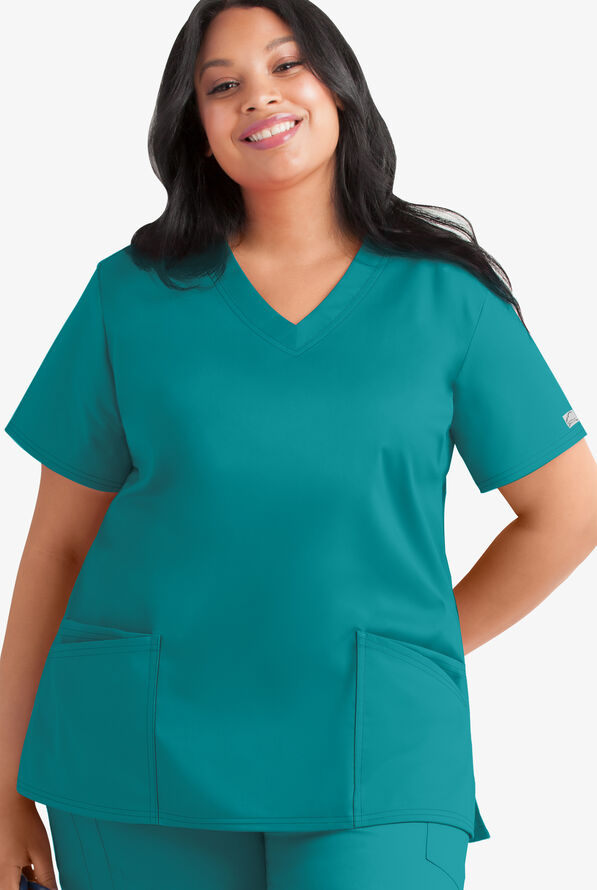Butter-Soft STRETCH Women's 4-Pocket Plus Size V-Neck Scrub Top - Teal - 1
