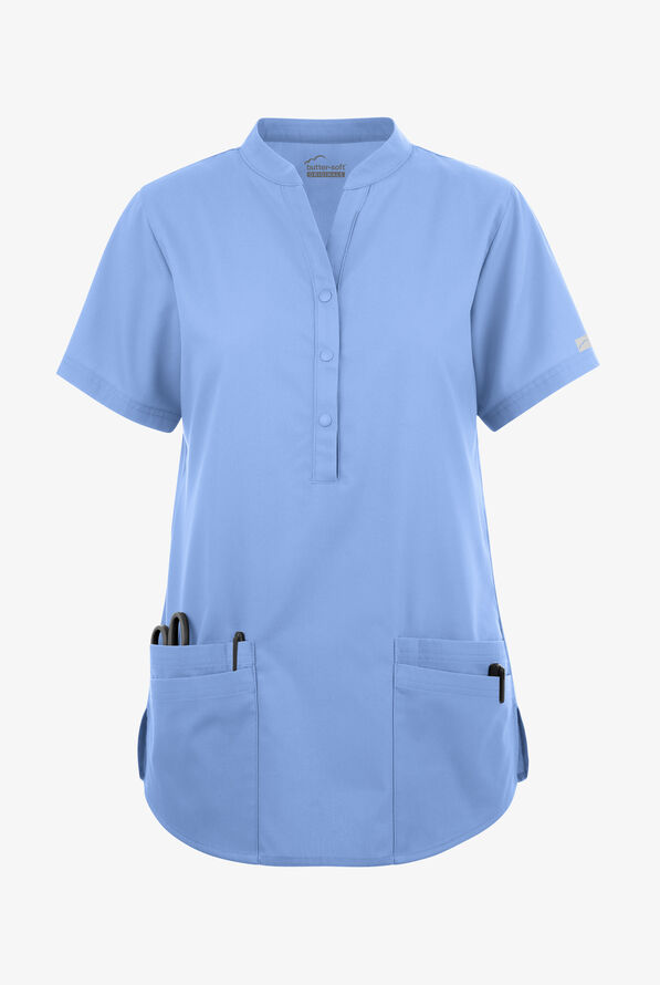 Blusa médica Butter-Soft Originals con cuello mao y 6 bolsillos para mujer - Ceil Blue - 1