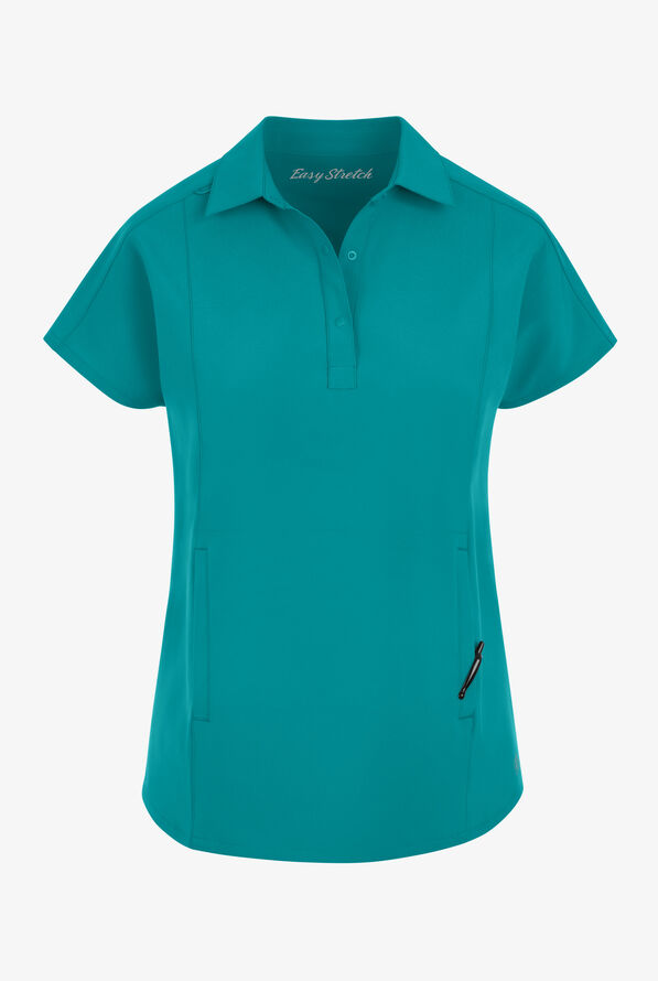 Easy STRETCH LEA Women's 3-Pocket Polo Collar Scrub Top - Teal - 1