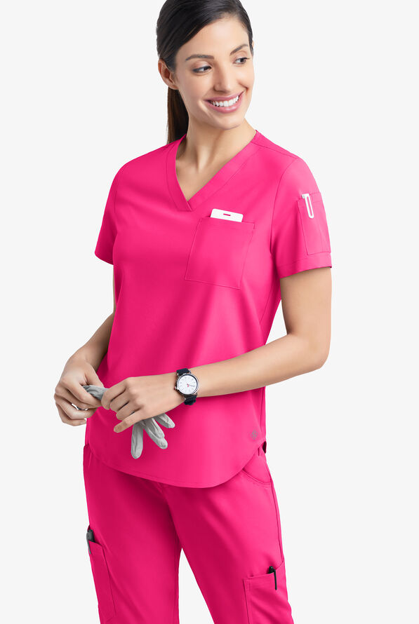 Easy STRETCH Chloe Women's 3-Pocket V-Neck Tuck-In Scrub Top - Reactive Pink - 3