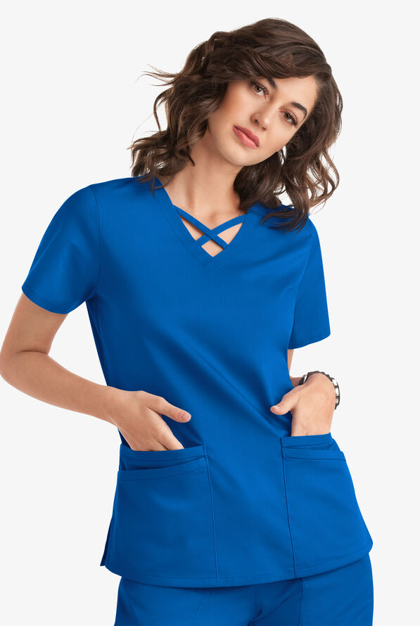 Blusa m&eacute;dica UA Butter-Soft STRETCH con lazos entrecruzados y 4 bolsillos para mujer - Royal - 5