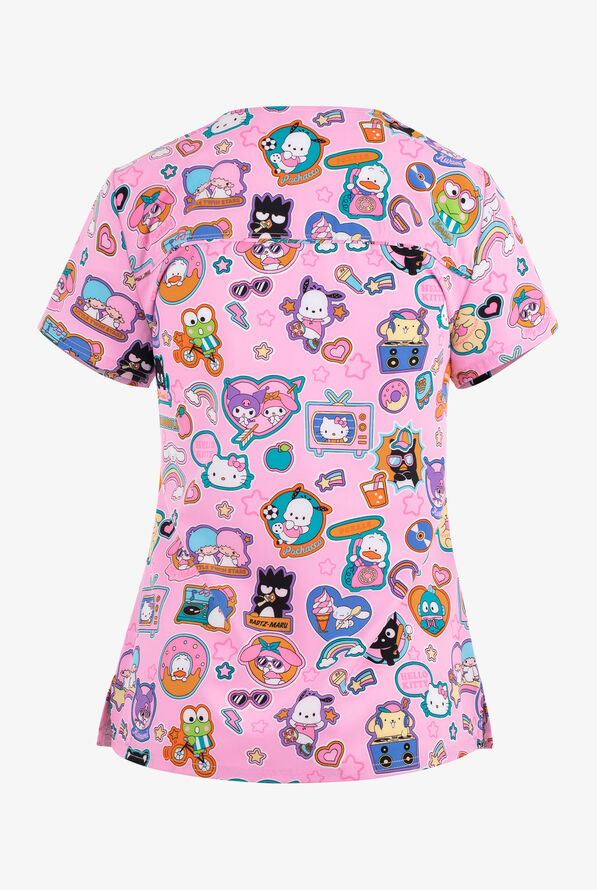 Tooniforms Hello Kitty Supercute Stickers Women's 2-Pocket STRETCH V-Neck Print Scrub Top - null - 2