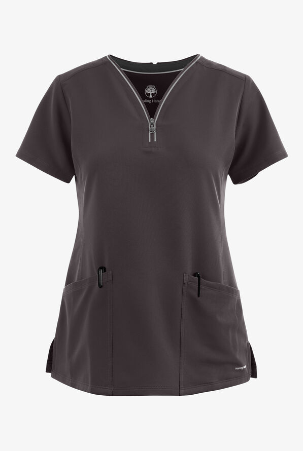 Healing Hands 360 Sonia Women's 3-Pocket STRETCH Reflective Y-Neck Zip Scrub Top - Pewter - 1