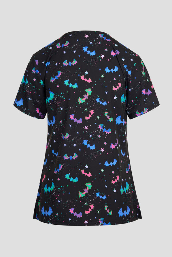 Green Town Glowing Bats Women's 3-Pocket STRETCH V-Neck Print Scrub Top - null - 2