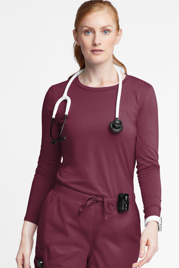 Butter-Soft Originals Women's STRETCH Cotton-Rich Long Sleeve Crew Neck Knit Underscrub - Wine - 2