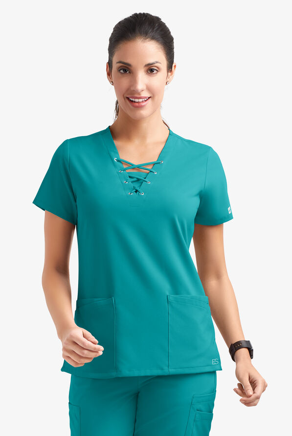 Easy STRETCH Gisele Women's 4-Pocket Lace Up V-Neck Scrub Top - Teal - 2