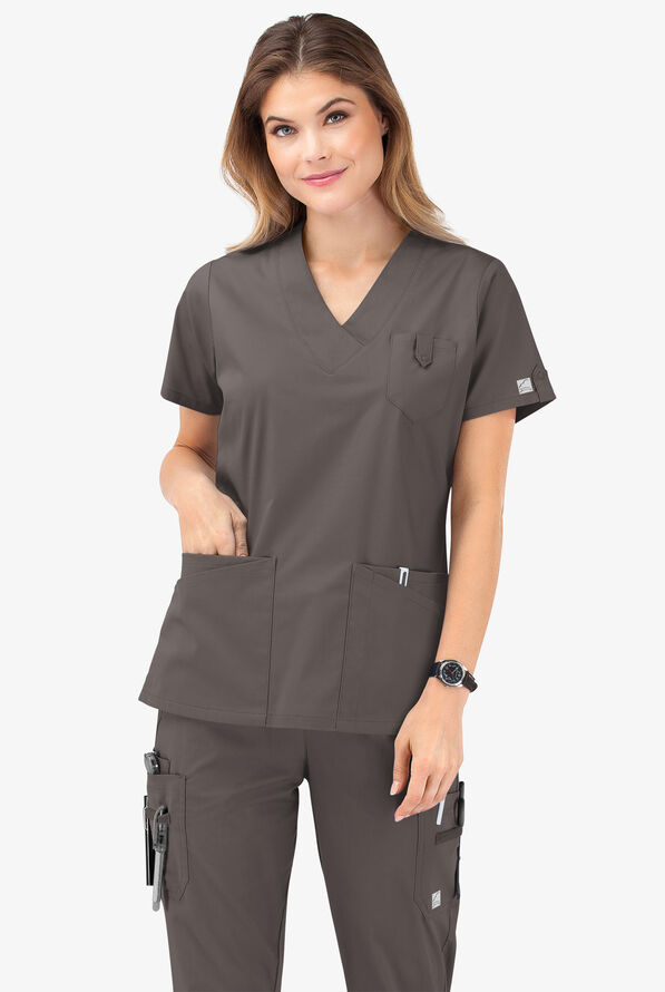 Butter-Soft STRETCH Women's 6-Pocket V-Neck Scrub Top - Cool Grey - 8
