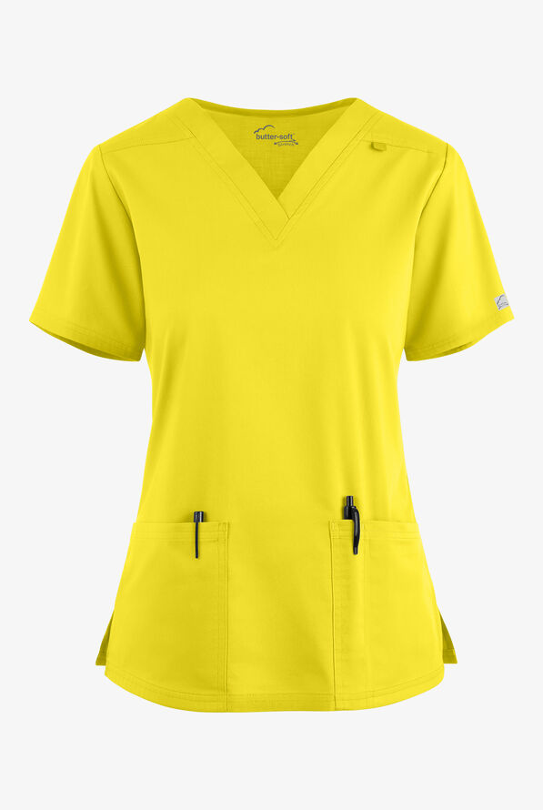 Butter-Soft STRETCH Women's 4-Pocket V-Neck Scrub Top - Bright Daffodil - 1