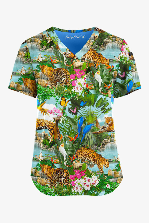 Easy STRETCH Tropical Paradise Women's 2-Pocket Tuck-In V-Neck Print Scrub Top - null - 1