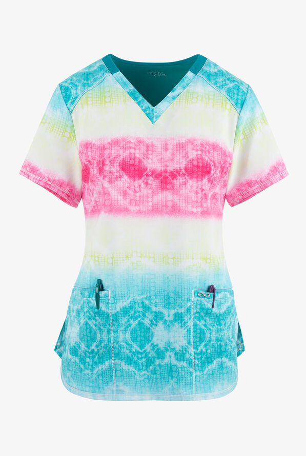 Infinity Trippy Stripes Tie Dye Women's 2-Pocket STRETCH V-Neck Print Scrub Top - null - 1