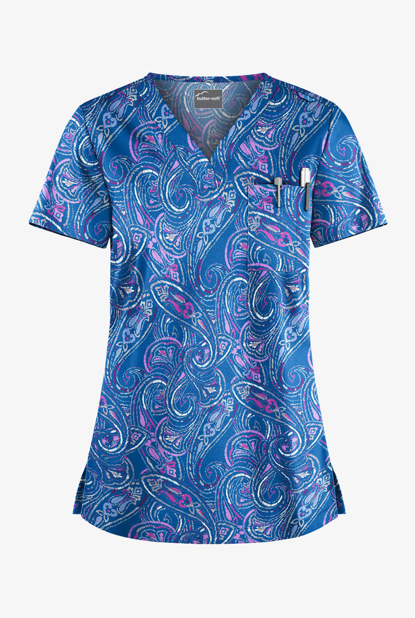 Butter-Soft Elegant Paisley Royal Women's 1-Pocket V-Neck Tuck-In Print Scrub Top - null - 1
