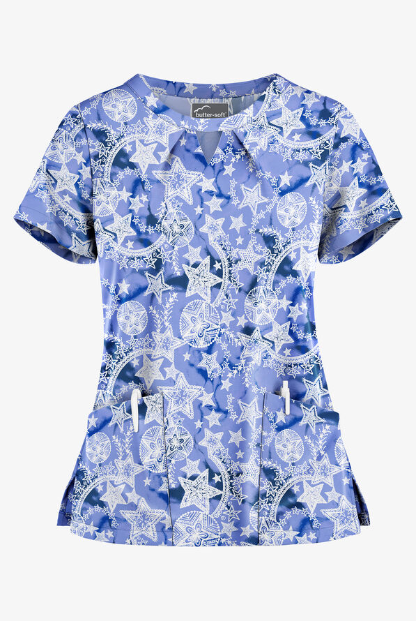 Butter-Soft Cosmic Stars Ceil Women's 2-Pocket Key-Hole Neck Detailed Print Scrub Top - null - 1